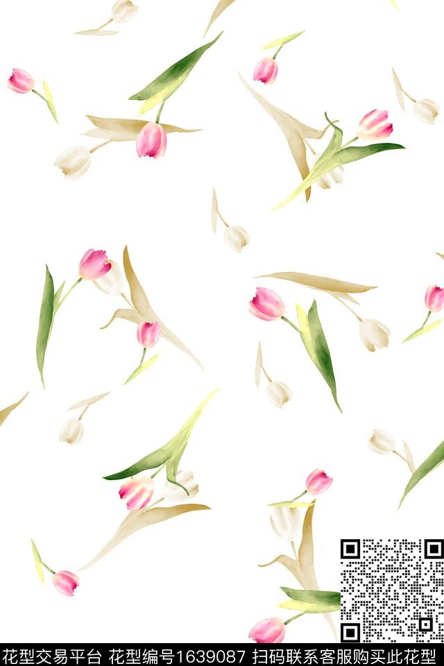 花卉小清新白底花数码印花花型下载（图片编号: 1639087） - 瓦栏（Walan）