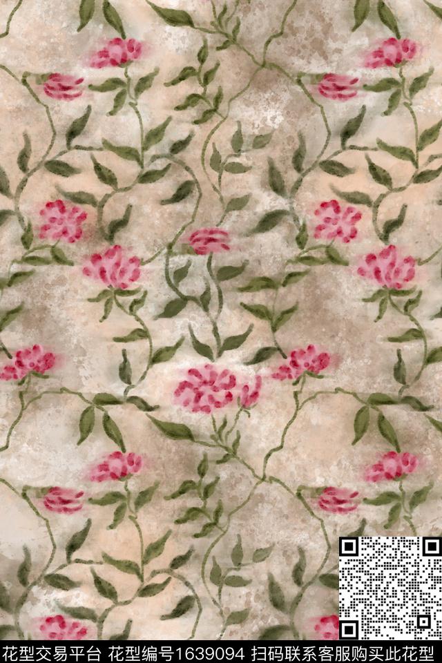 侘寂花卉红花数码印花花型下载（图片编号: 1639094） - 瓦栏（Walan）