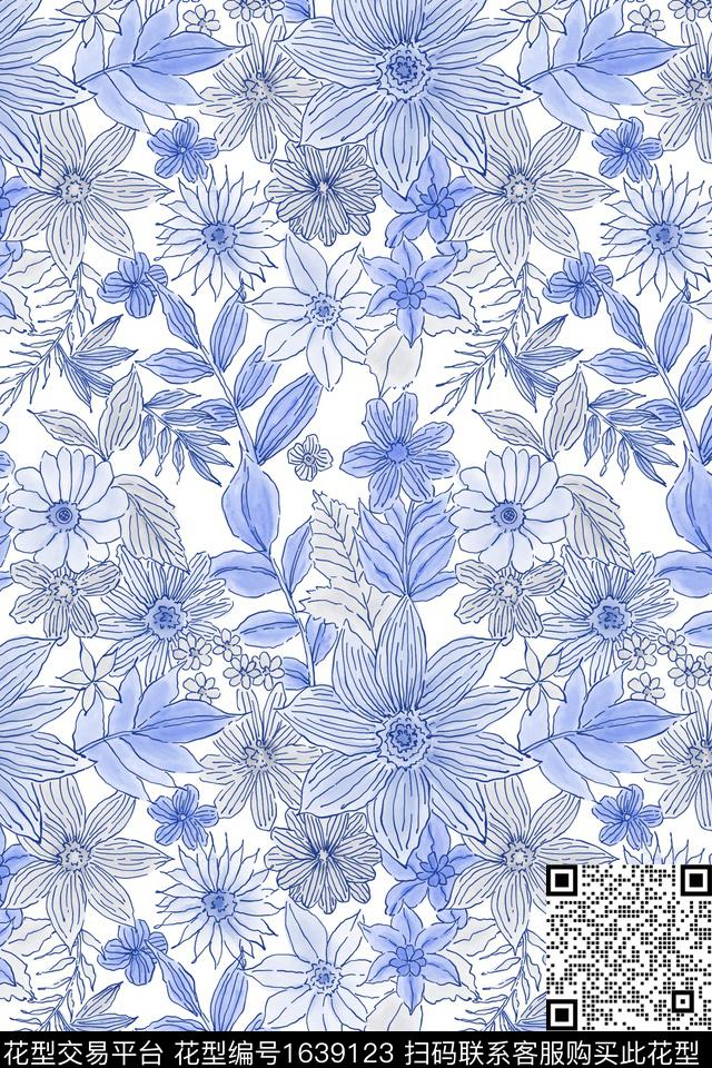 蓝白花卉水彩数码印花花型下载（图片编号: 1639123） - 瓦栏（Walan）