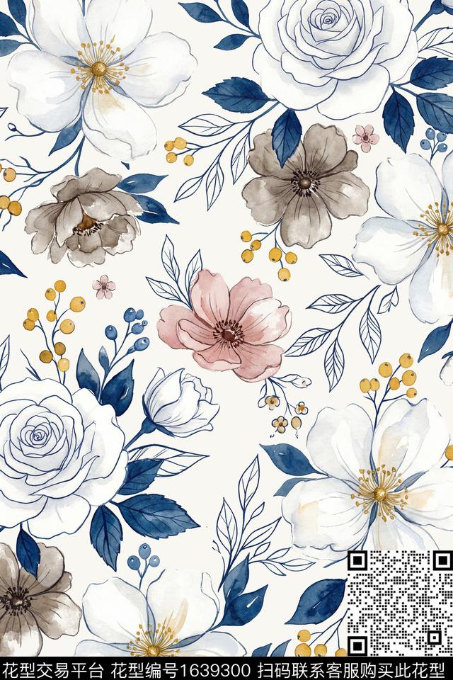 花卉水彩花卉数码印花花型下载（图片编号: 1639300） - 瓦栏（Walan）