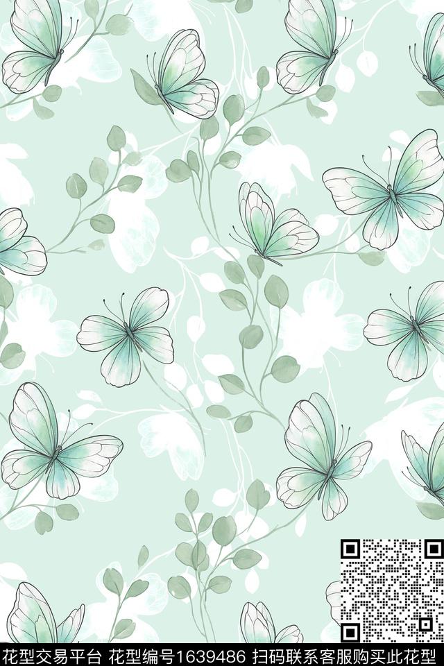 水彩蝴蝶叶子数码印花花型下载（图片编号: 1639486） - 瓦栏（Walan）