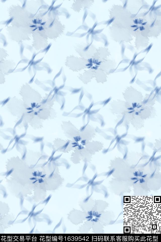 蓝白花卉水彩数码印花花型下载（图片编号: 1639542） - 瓦栏（Walan）