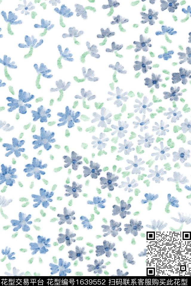 小清新蓝白花卉数码印花花型下载（图片编号: 1639552） - 瓦栏（Walan）