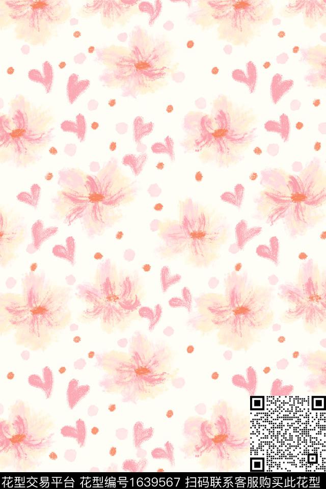 小清新清爽底花卉爱心数码印花花型下载（图片编号: 1639567） - 瓦栏（Walan）