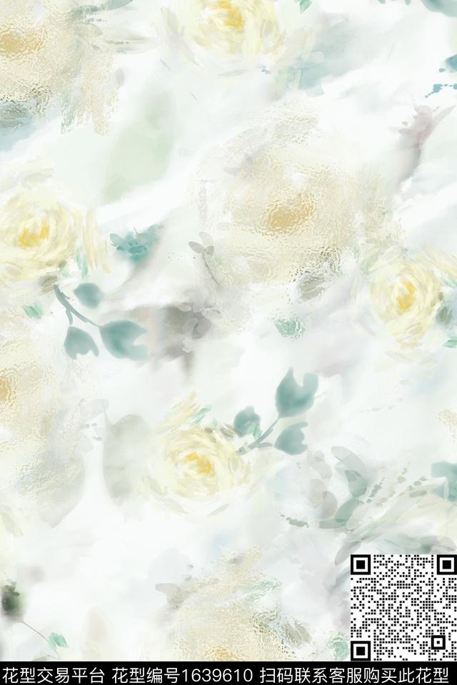抽象花卉花卉水彩数码印花花型下载（图片编号: 1639610） - 瓦栏（Walan）
