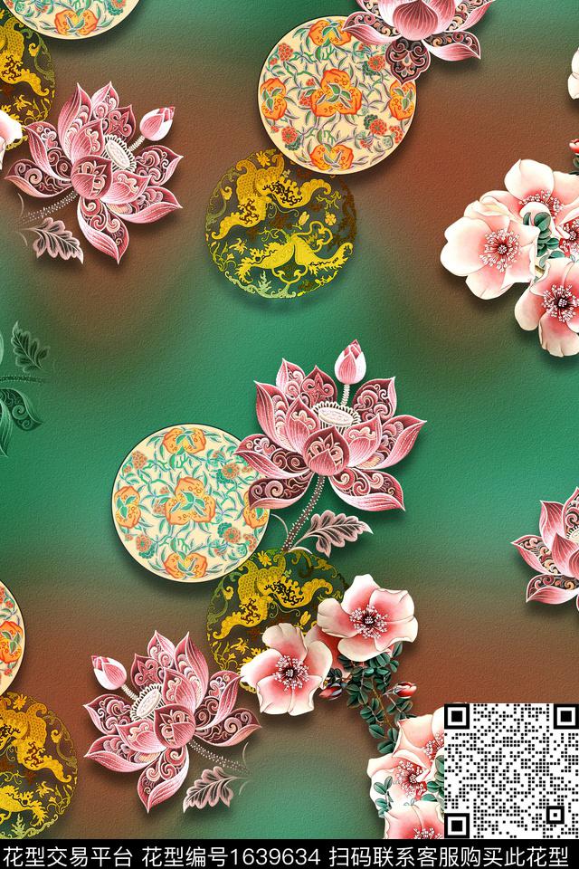 中国风荷花旗袍数码印花花型下载（图片编号: 1639634） - 瓦栏（Walan）