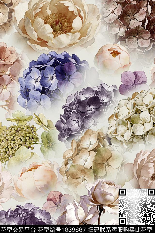 花卉水彩花卉绣球花数码印花花型下载（图片编号: 1639667） - 瓦栏（Walan）