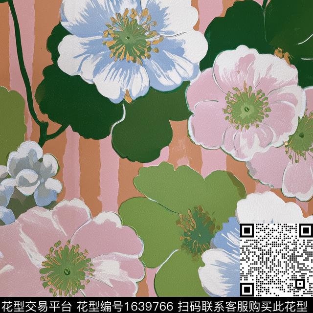 花卉大花条纹数码印花花型下载（图片编号: 1639766） - 瓦栏（Walan）