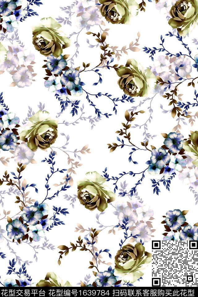 年轻女装满版散花花卉数码印花花型下载（图片编号: 1639784） - 瓦栏（Walan）