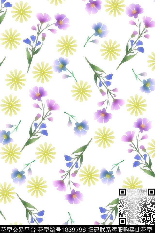 年轻女装满版散花水彩花卉数码印花花型下载（图片编号: 1639796） - 瓦栏（Walan）