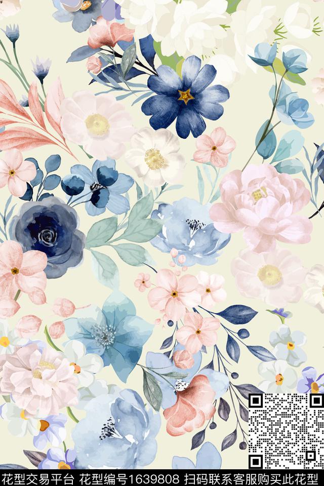 年轻女性花卉水彩花卉数码印花花型下载（图片编号: 1639808） - 瓦栏（Walan）