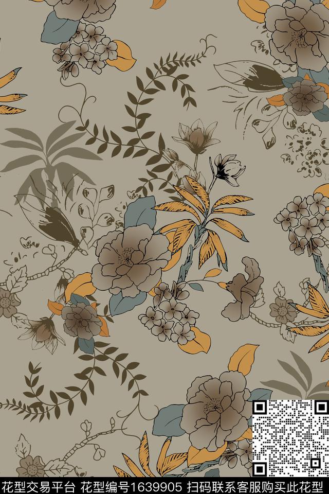 叶子花卉剪影数码印花花型下载（图片编号: 1639905） - 瓦栏（Walan）