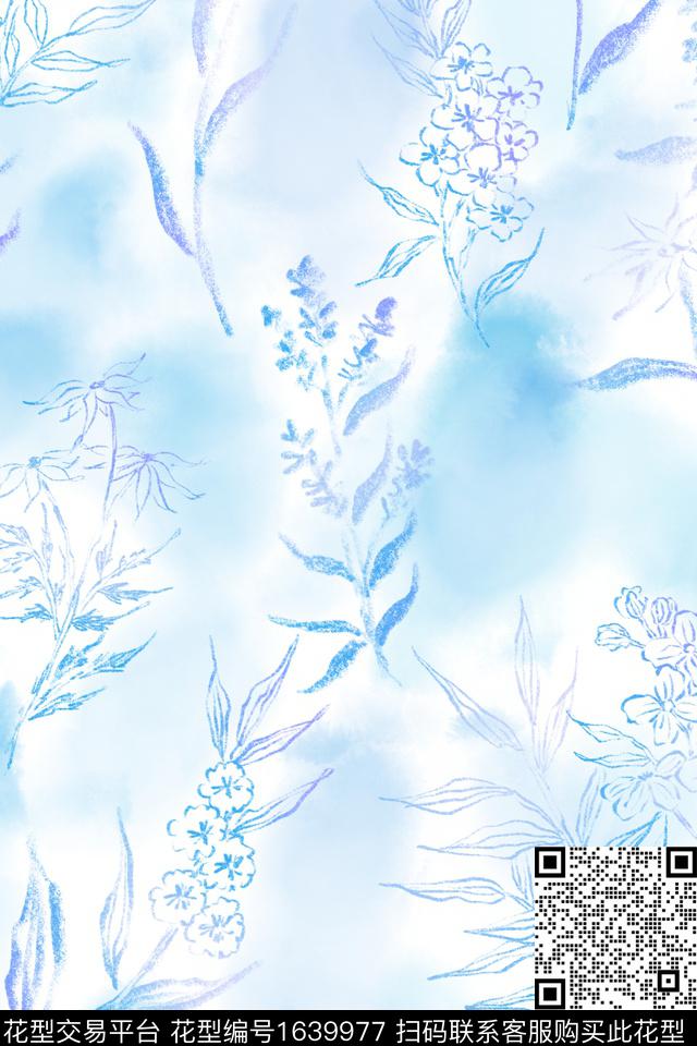 清爽底花卉蓝白花卉数码印花花型下载（图片编号: 1639977） - 瓦栏（Walan）