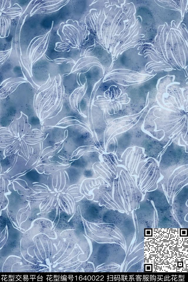 大花蓝白花卉数码印花花型下载（图片编号: 1640022） - 瓦栏（Walan）