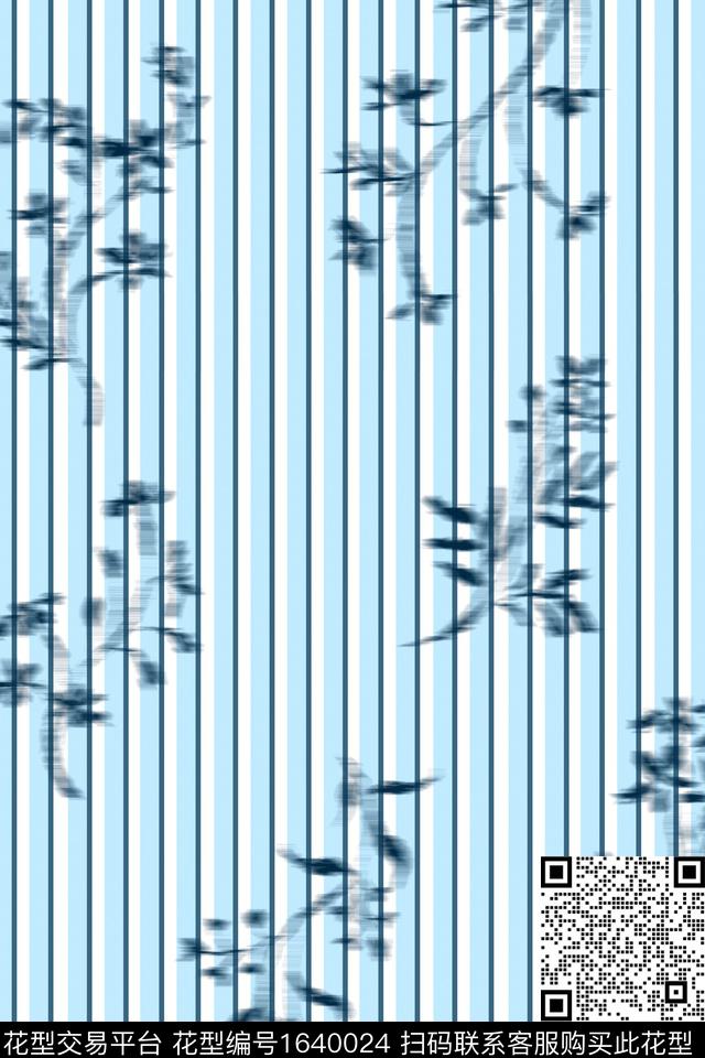 蓝白剪影花卉数码印花花型下载（图片编号: 1640024） - 瓦栏（Walan）
