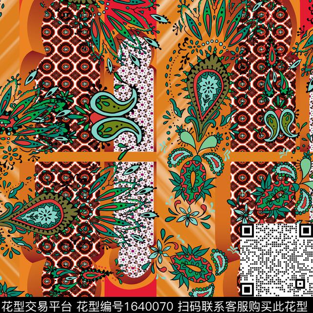 民族风佩斯利缎面感条纹背景数码印花花型下载（图片编号: 1640070） - 瓦栏（Walan）