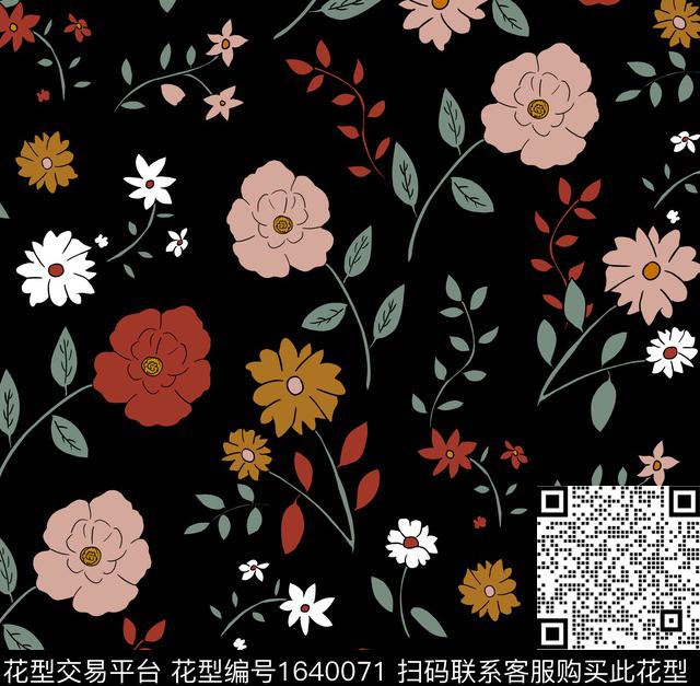 花卉黑底花卉平面花卉传统印花花型下载（图片编号: 1640071） - 瓦栏（Walan）