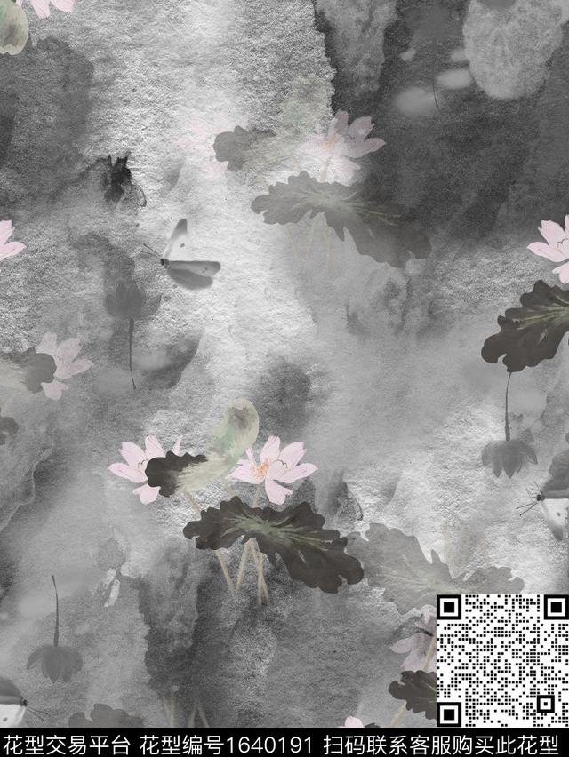 晕染肌理荷花水墨风数码印花花型下载（图片编号: 1640191） - 瓦栏（Walan）