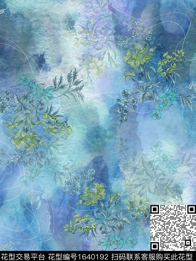 晕染肌理民族风线条花卉数码印花花型下载（图片编号: 1640192） - 瓦栏（Walan）