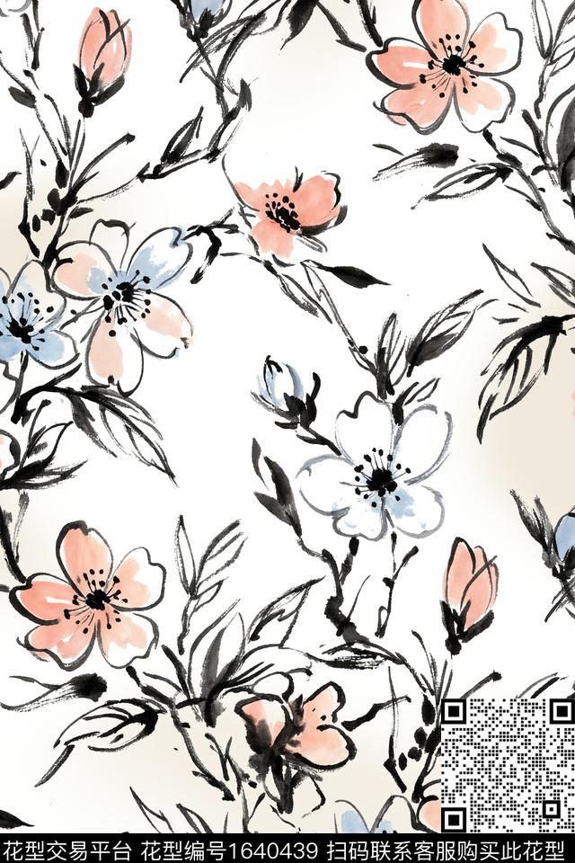 水墨风花卉笔触数码印花花型下载（图片编号: 1640439） - 瓦栏（Walan）