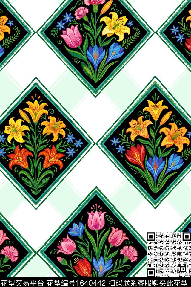 花卉菱形几何数码印花花型下载（图片编号: 1640442） - 瓦栏（Walan）