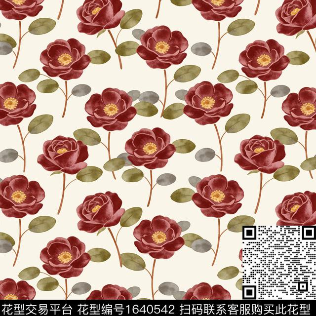 花卉茶花红山茶数码印花花型下载（图片编号: 1640542） - 瓦栏（Walan）