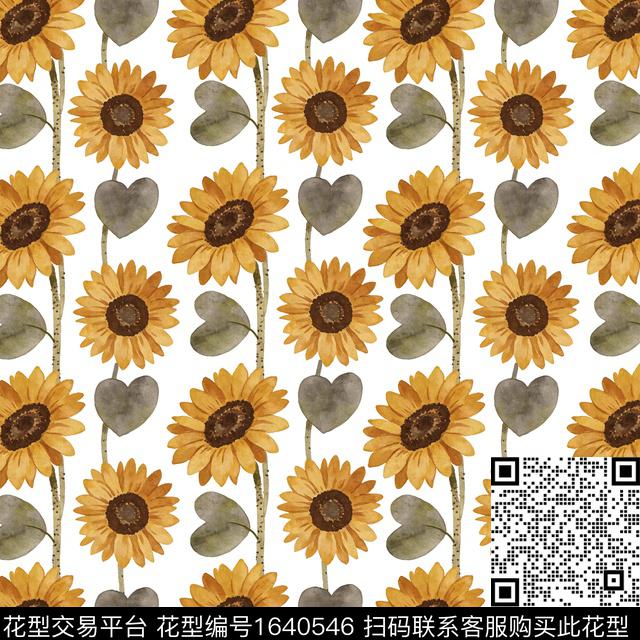 向日葵花卉水彩花卉数码印花花型下载（图片编号: 1640546） - 瓦栏（Walan）