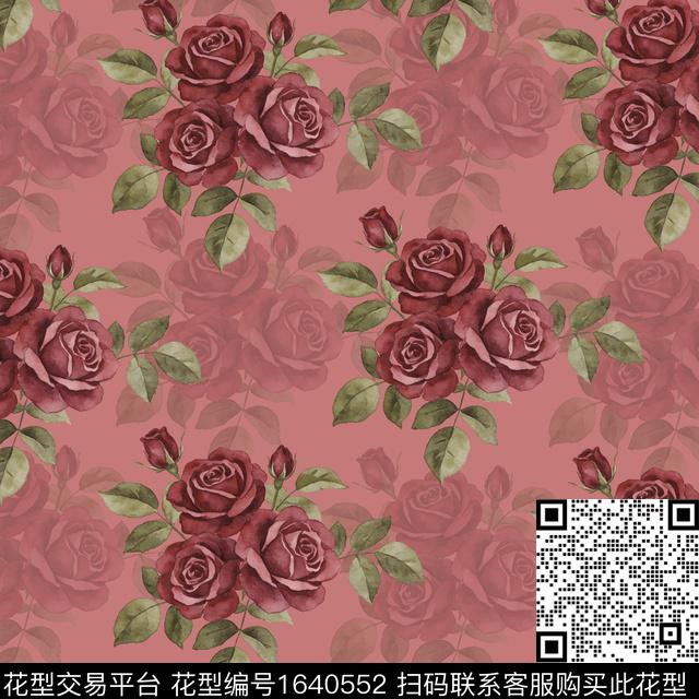 花卉玫瑰花复古红玫瑰数码印花花型下载（图片编号: 1640552） - 瓦栏（Walan）