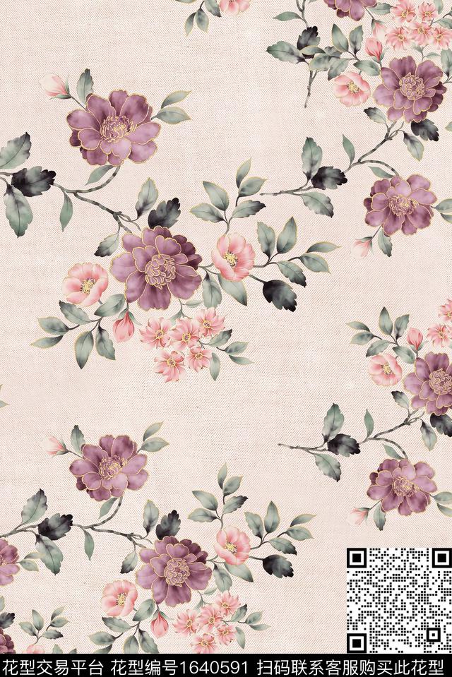年轻女装满版散花花卉数码印花花型下载（图片编号: 1640591） - 瓦栏（Walan）