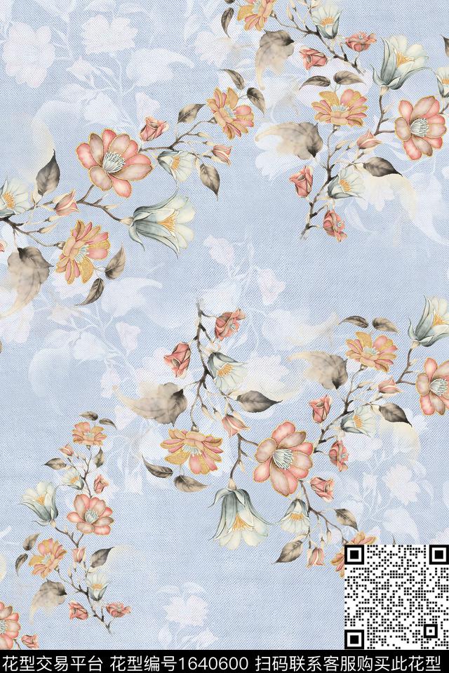 年轻女装满版散花花卉数码印花花型下载（图片编号: 1640600） - 瓦栏（Walan）