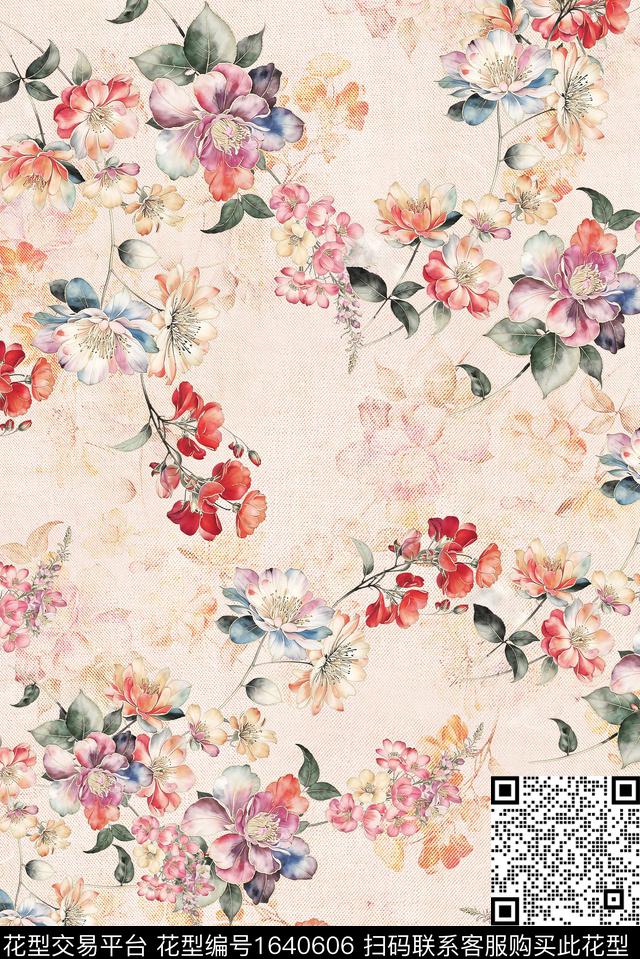 年轻女装满版散花花卉数码印花花型下载（图片编号: 1640606） - 瓦栏（Walan）