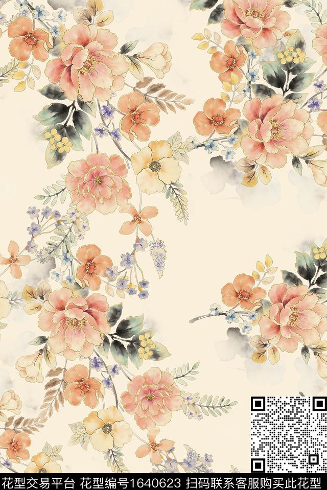 年轻女装满版散花花卉数码印花花型下载（图片编号: 1640623） - 瓦栏（Walan）