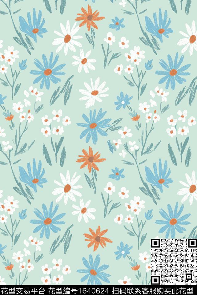 小清新笔触花卉数码印花花型下载（图片编号: 1640624） - 瓦栏（Walan）