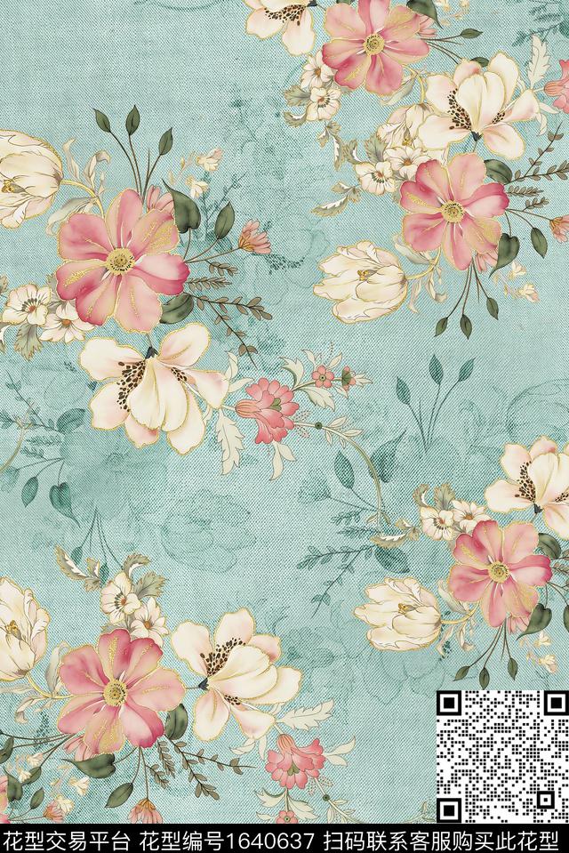 年轻女装满版散花花卉数码印花花型下载（图片编号: 1640637） - 瓦栏（Walan）