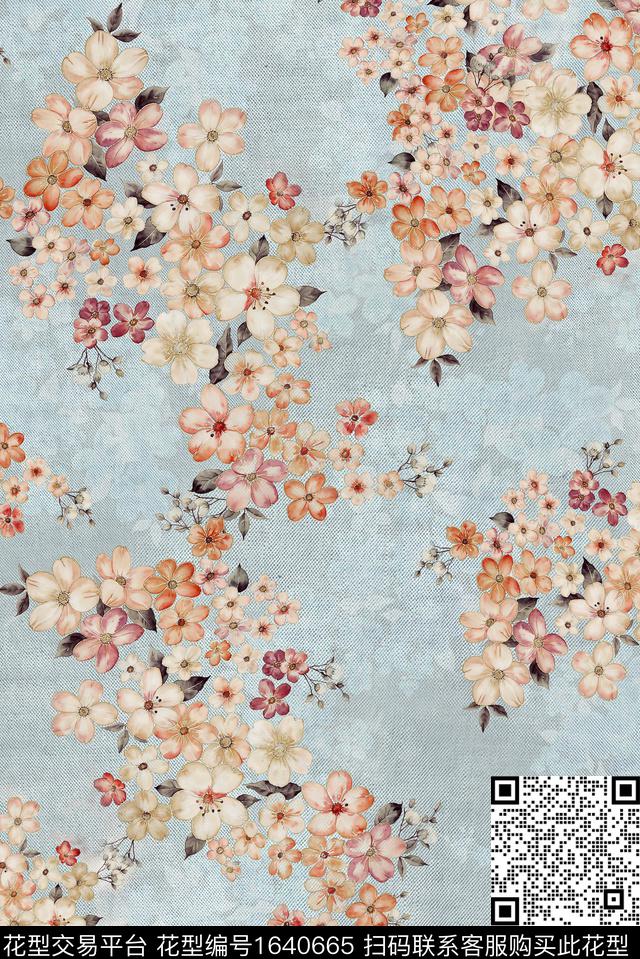 年轻女装满版散花花卉数码印花花型下载（图片编号: 1640665） - 瓦栏（Walan）