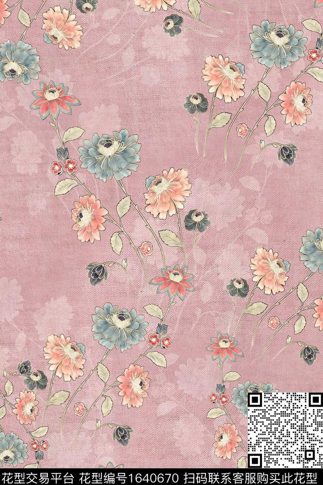 年轻女装满版散花花卉数码印花花型下载（图片编号: 1640670） - 瓦栏（Walan）