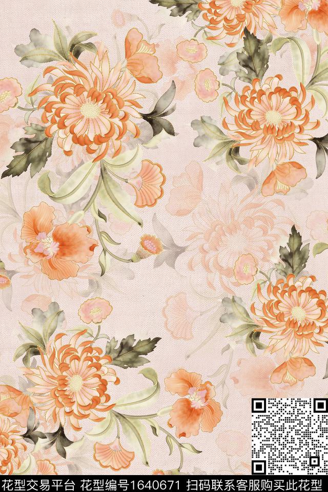 年轻女装满版散花花卉数码印花花型下载（图片编号: 1640671） - 瓦栏（Walan）