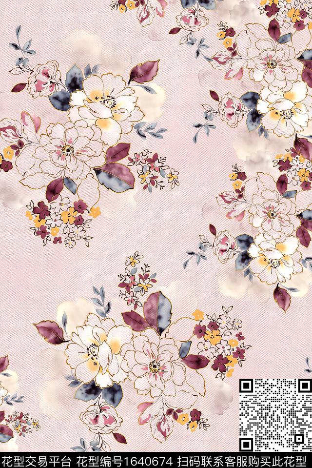 年轻女装满版散花花卉数码印花花型下载（图片编号: 1640674） - 瓦栏（Walan）