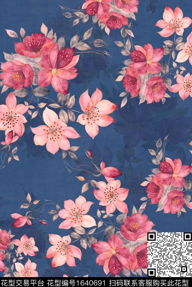 年轻女装满版散花花卉数码印花花型下载（图片编号: 1640691） - 瓦栏（Walan）
