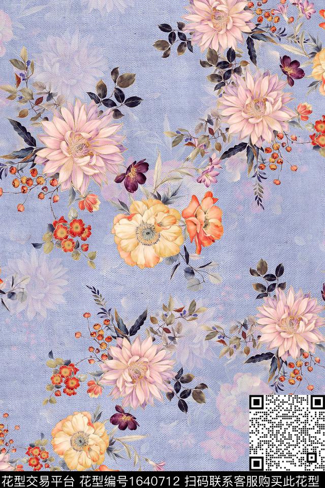 年轻女装满版散花花卉数码印花花型下载（图片编号: 1640712） - 瓦栏（Walan）