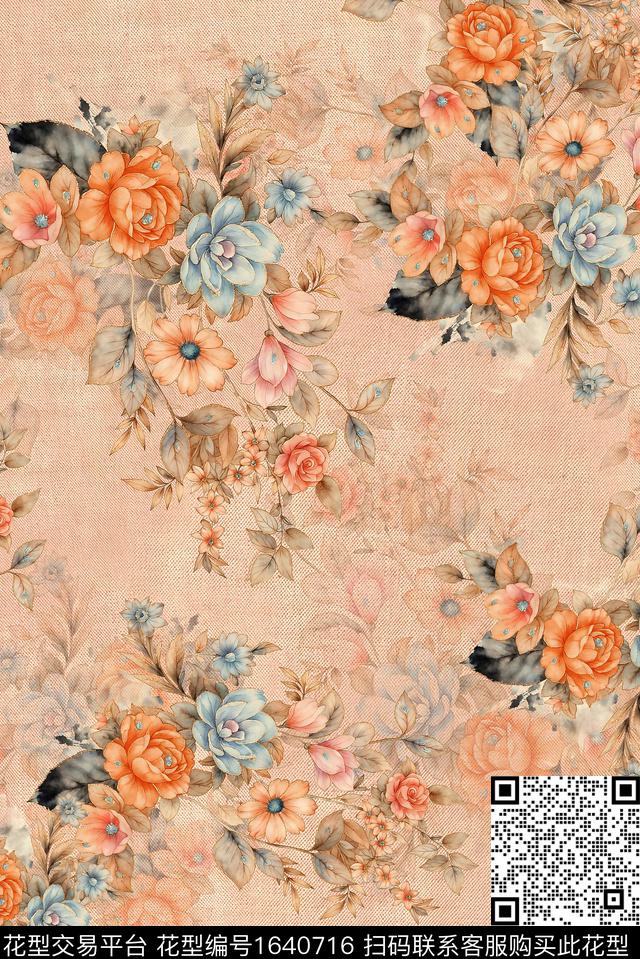 年轻女装满版散花花卉数码印花花型下载（图片编号: 1640716） - 瓦栏（Walan）