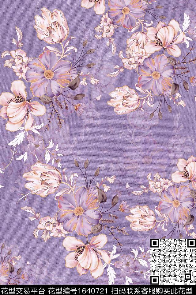 年轻女装满版散花花卉数码印花花型下载（图片编号: 1640721） - 瓦栏（Walan）
