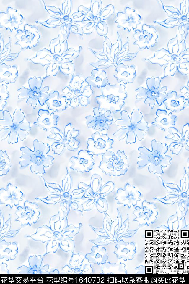 小清新蓝白花卉数码印花花型下载（图片编号: 1640732） - 瓦栏（Walan）
