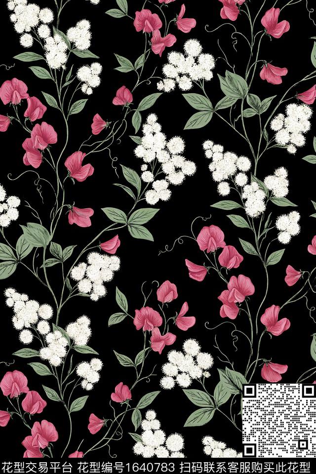 年轻女装花卉黑底花卉数码印花花型下载（图片编号: 1640783） - 瓦栏（Walan）