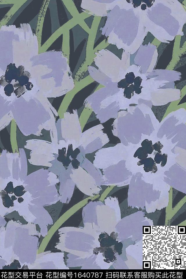 花卉笔触大花数码印花花型下载（图片编号: 1640787） - 瓦栏（Walan）