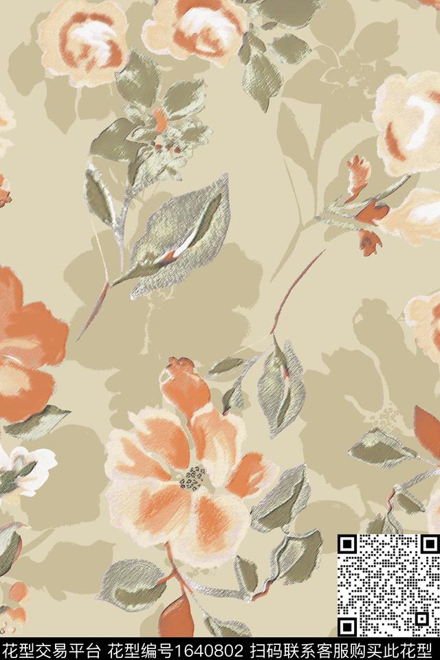 花卉中老年剪影数码印花花型下载（图片编号: 1640802） - 瓦栏（Walan）