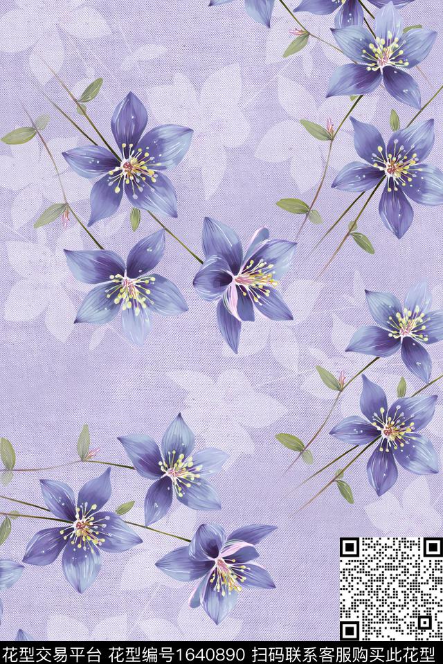 年轻女装满版散花花卉数码印花花型下载（图片编号: 1640890） - 瓦栏（Walan）