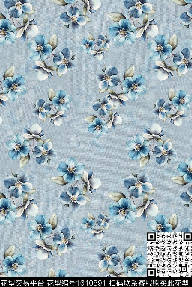 年轻女装满版散花花卉数码印花花型下载（图片编号: 1640891） - 瓦栏（Walan）