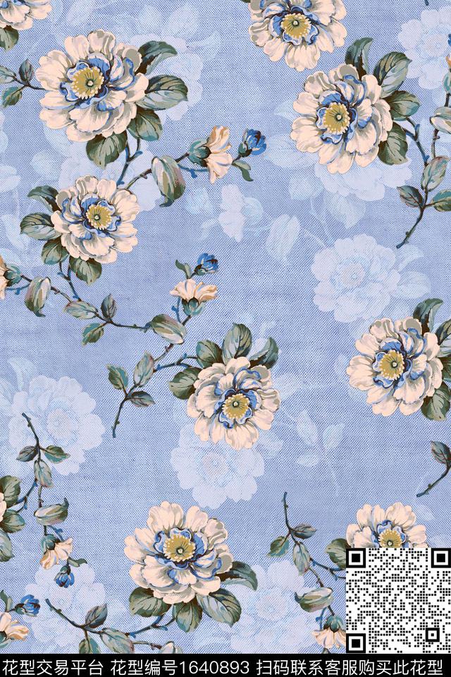 年轻女装满版散花花卉数码印花花型下载（图片编号: 1640893） - 瓦栏（Walan）