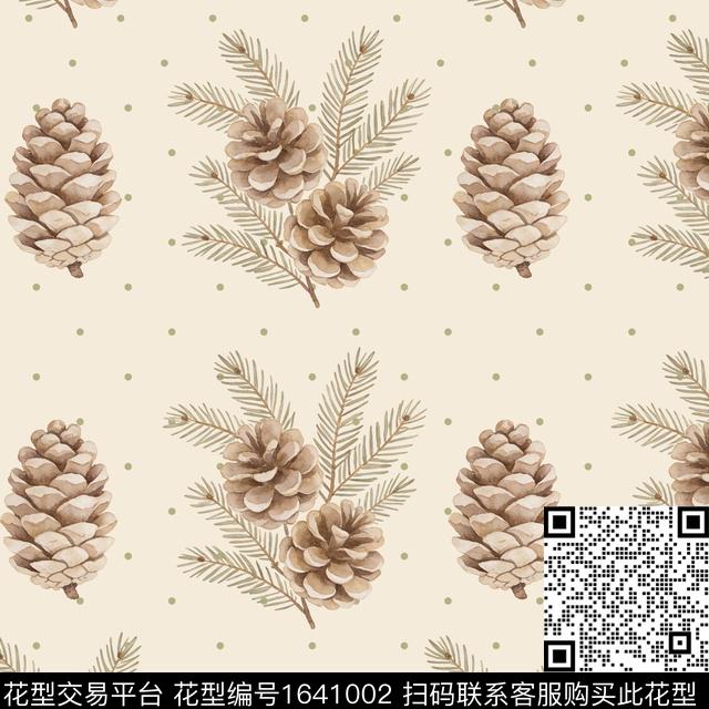 复古松果植物枝叶数码印花花型下载（图片编号: 1641002） - 瓦栏（Walan）